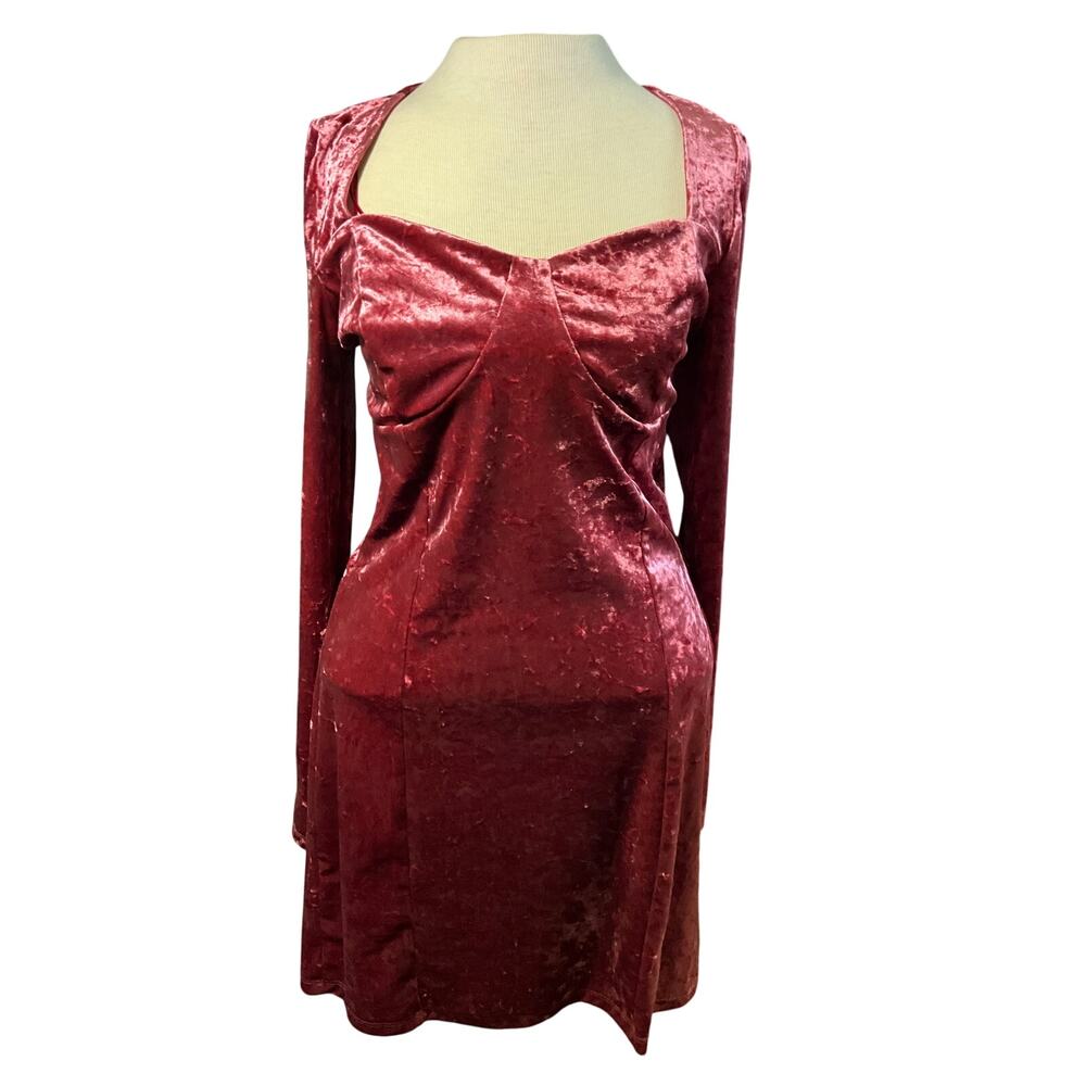 Crushed Velvet Sweetheart Bodice Mini Dress Rose Long Sleeve Party Baddie NWT M